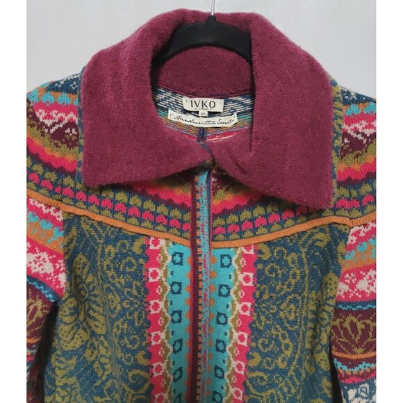 IVKO 100% WOOL LONG CARDIGAN HOODIE MULTICOLOR FLORAL SWEATER KNIT WOMENS 40/L - Picture 2 of 13